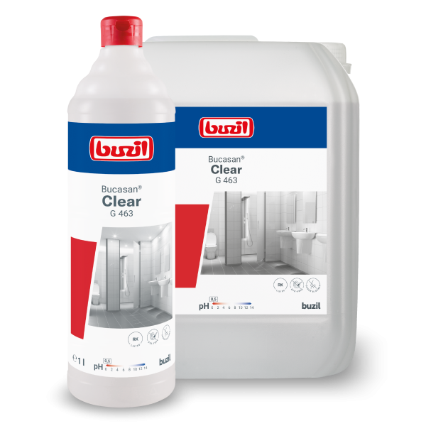 Buzil Sanitär Bucasan® Clear G 463 Farbloser Sanitärunterhaltsreiniger mit Geruchsblocker und besonders effektiver Säurekombination