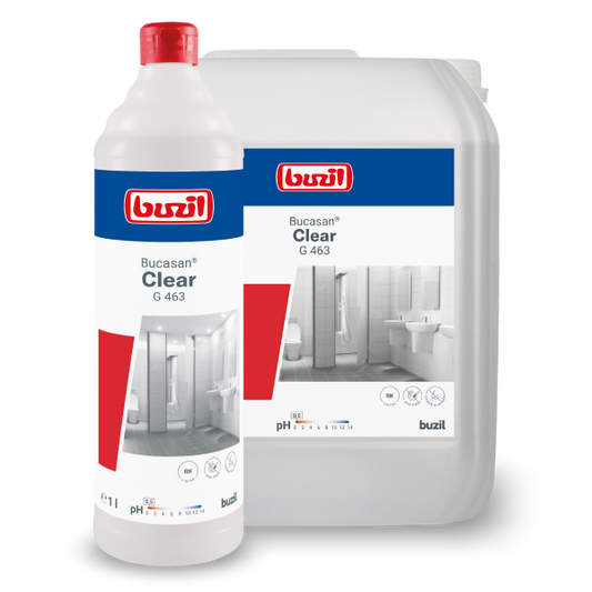 Buzil Sanitär Bucasan® Clear G 463 Farbloser Sanitärunterhaltsreiniger mit Geruchsblocker und besonders effektiver Säurekombination